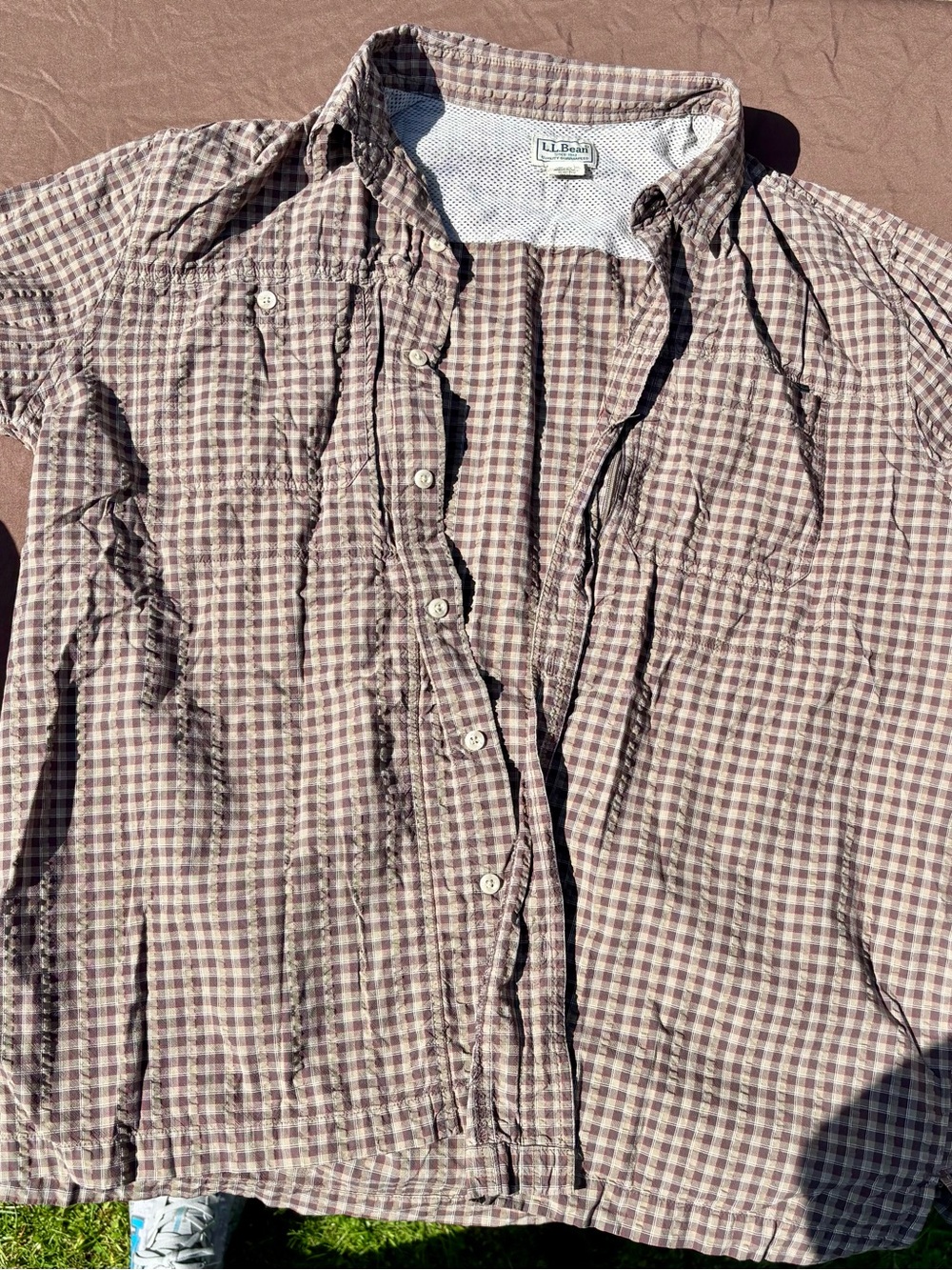 L.L. Bean Plaid Button-Up Shirt in Taupe and Burgundy short sleeve
